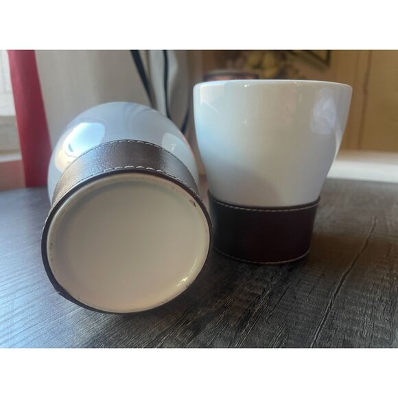Pair White Ceramic Mugs Cups Brown Faux Leather Stitched Sleeves contemporary - Picture 4 of 7